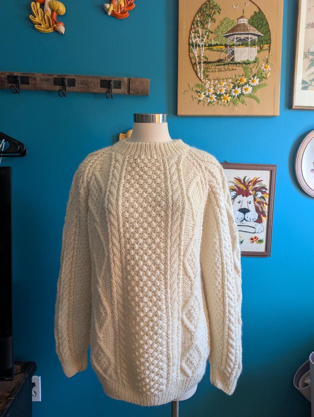 Vintage Wool Aran Scottish Cable Knit Sweater in Cream